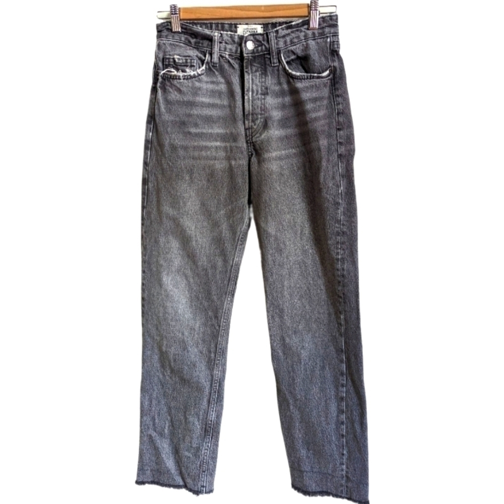ZARA Dark Grey Boyfriend Fit Raw Hems High Rise Casual Button Fly Jeans Size 24